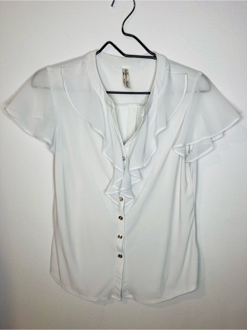 White Ruffle Front Blouse Sheer Cap Sleeve Button Top Size S